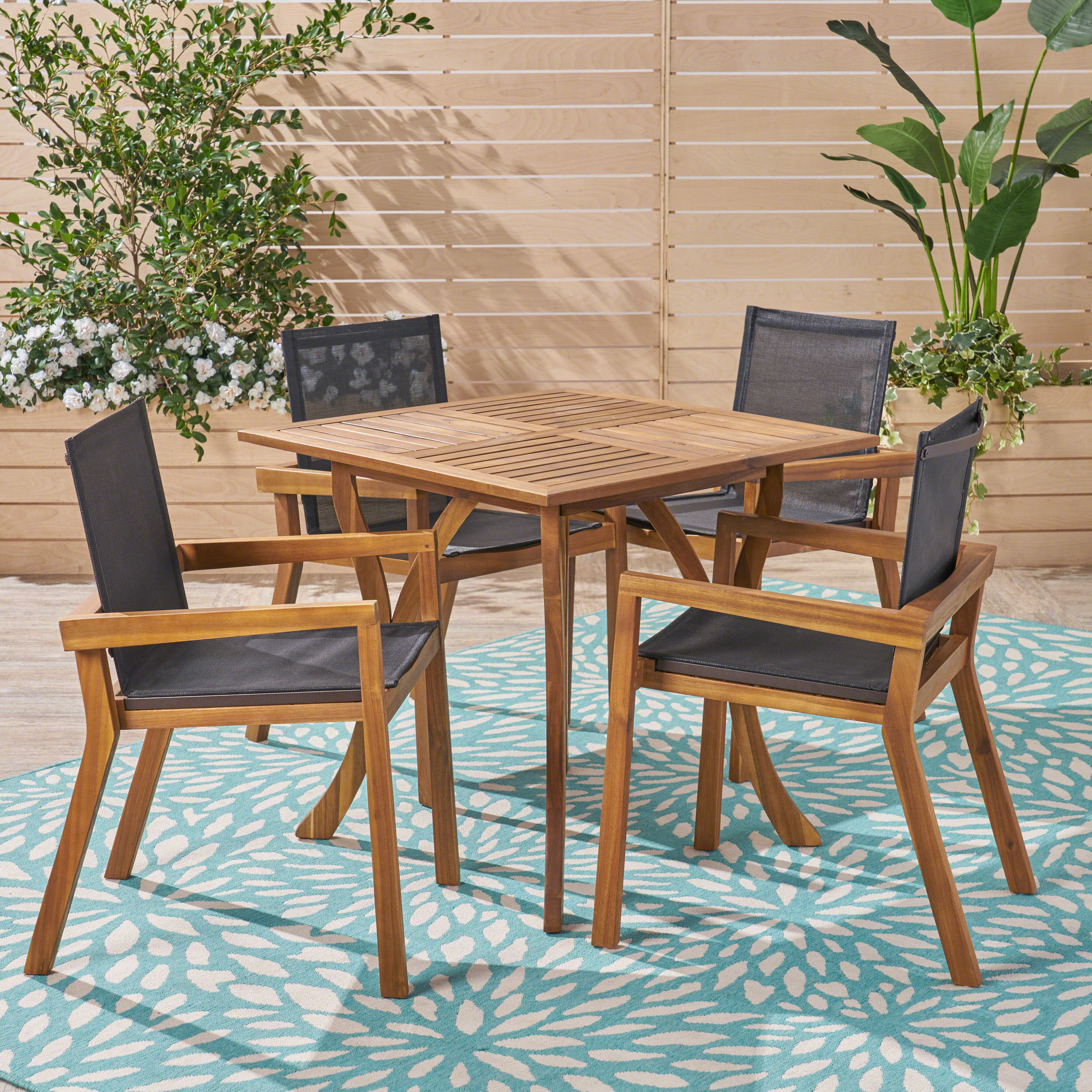 Ruiz Outdoor Acacia Wood 4 Seater Square Dining Set with Mesh Seats