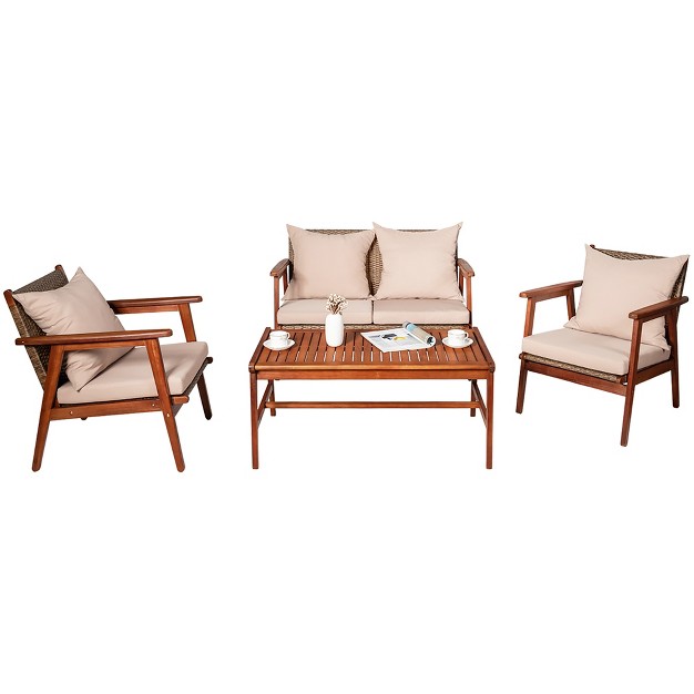 Costway 4pcs Patio Rattan Furniture Set Acacia Wood Frame Cushioned Sofa Chair Garden