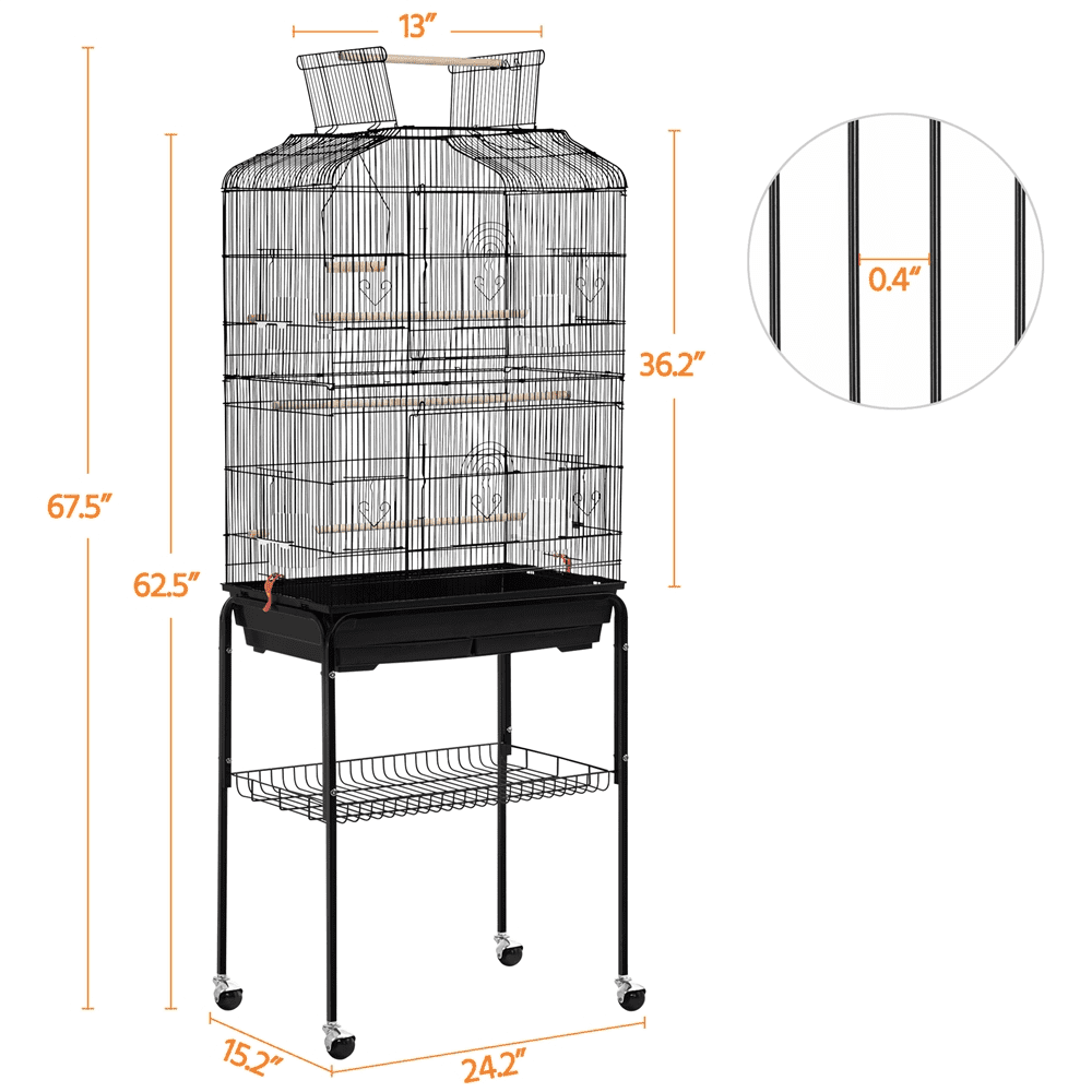 SMILE MART 67.5″ H Rolling Open Top Metal Large Bird Cage for Budgie Parrot Canary Cockatiel， Black