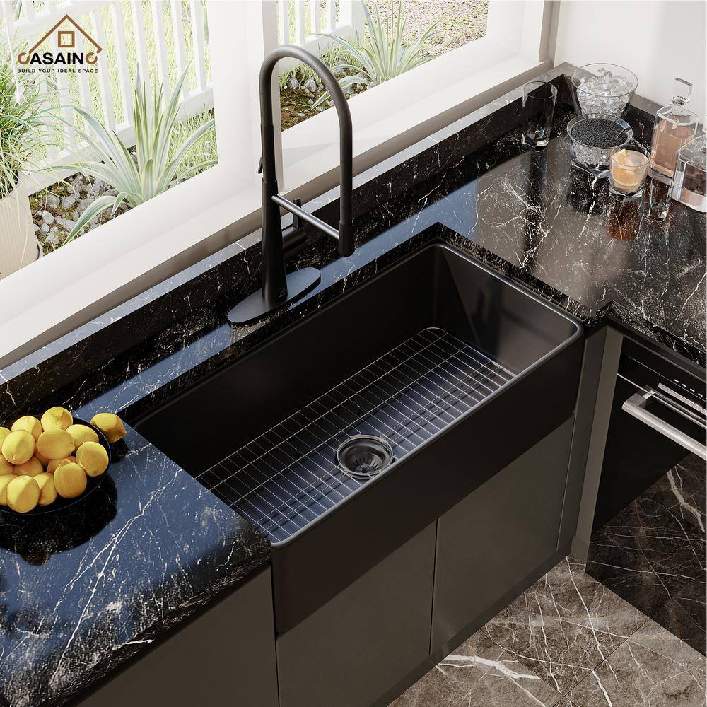 CASAINC Black Fireclay 36 in. Single Bowl Farmhouse Apron Kitchen Sink with Sprayer Kitchen Faucet and Accessories CA-B36-D0465MB