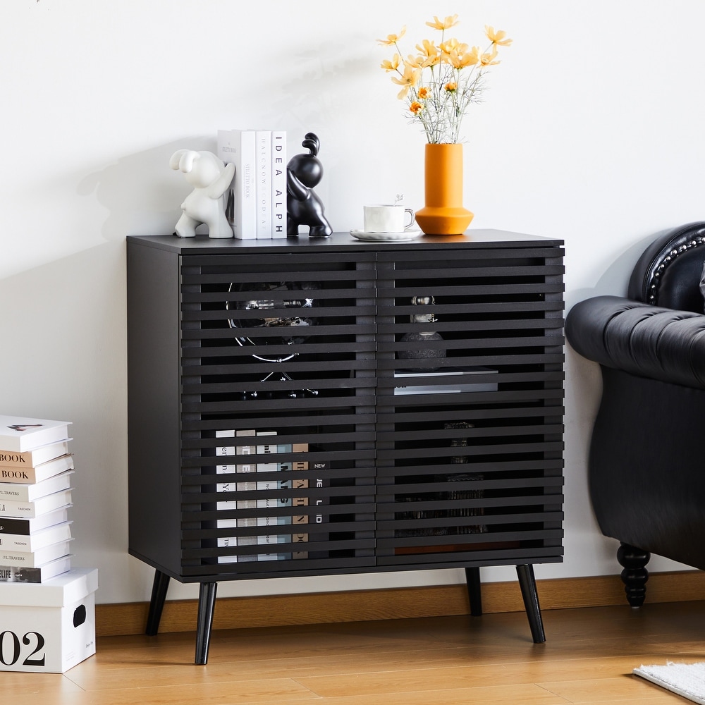 Black Sideboard Buffet Cabinet  Accent Storage Cabinet Kitchen Console Table with 2 Hollowed Out Doors