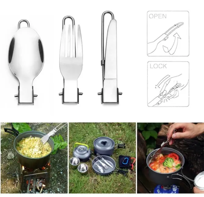 3pcs Camp Flatware Sets Foldable Locking Handle Stainless Steel Spoon Fork Knife  for Traveling Picnic Hiking