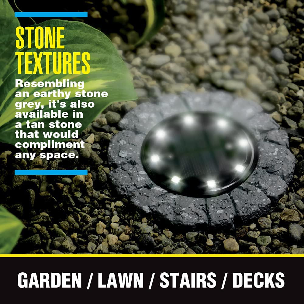 Bell + Howell Disk Lights Stone， Heavy Duty Outdoor Solar Pathway Lights， 8 LED with Included Stakes， Stone， 4 Pack