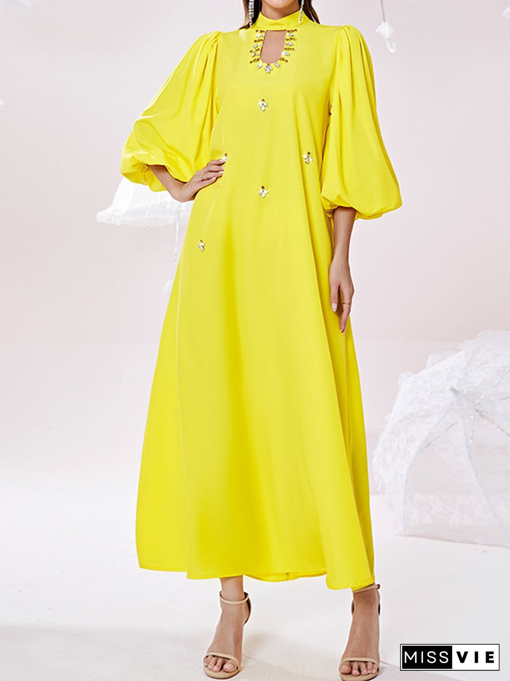 Bishop Sleeve Loose Hollow Rhine Stones Solid Color Mock Neck Maxi Dresses