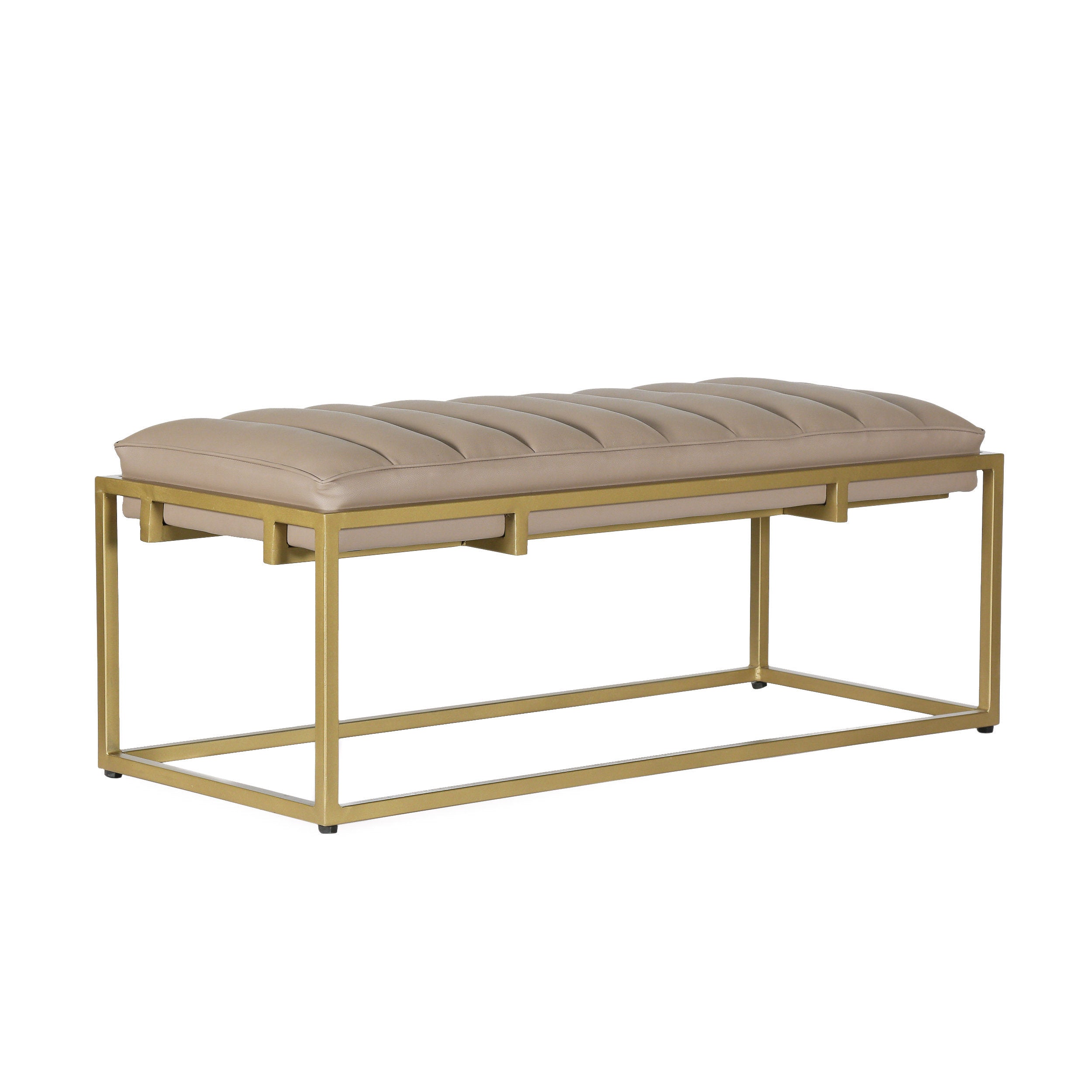 Jill Contemporary Handmade Channel Stitch Ottoman Bench, Dark Cream and Matte Gold