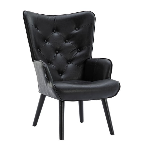 PU Leather Accent Chair for Living Room， Modern Tufted Button Wingback Reading Chair Arms Side Chair with Solid Wood Legs