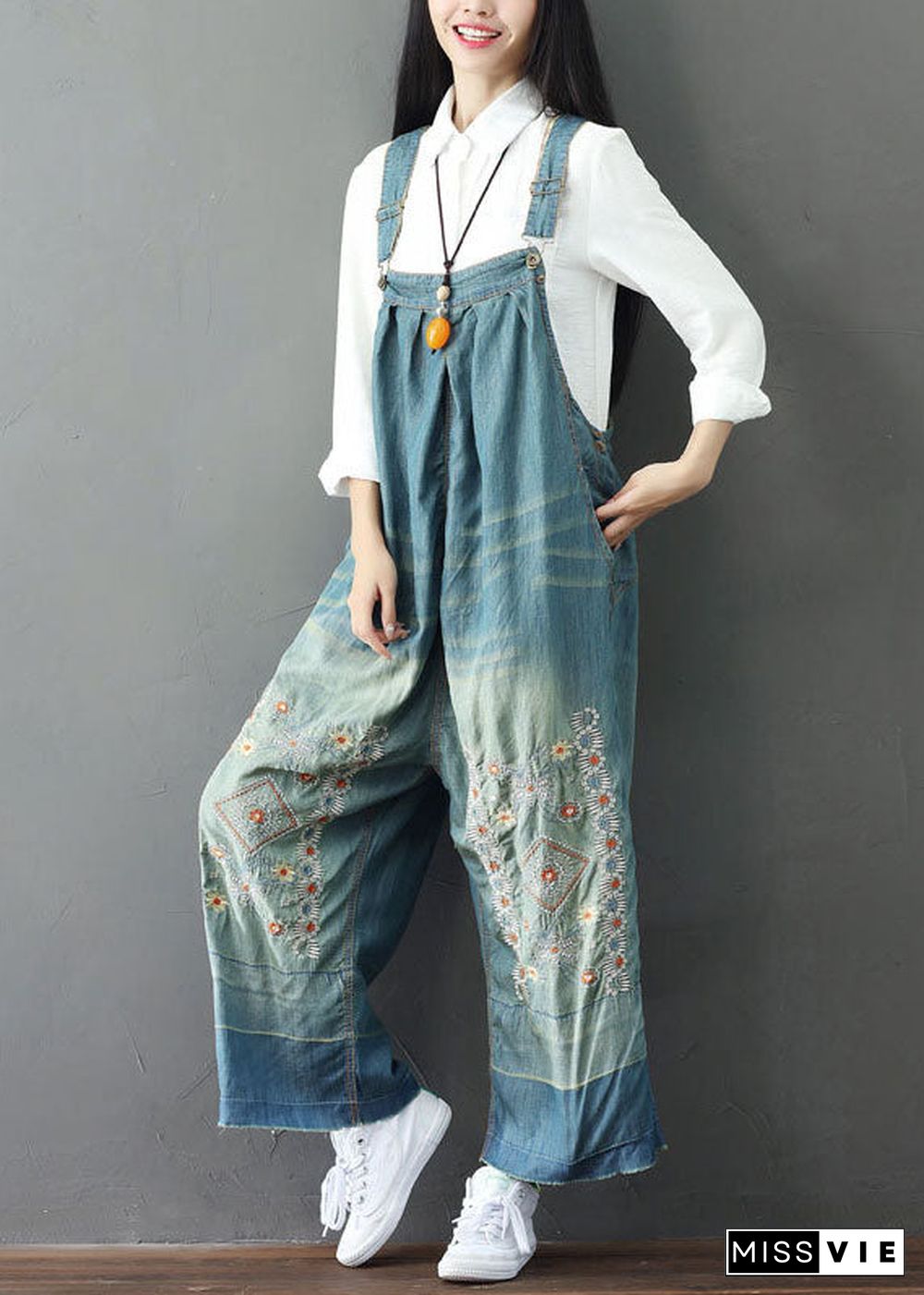 Simple Light Blue Patchwork Embroideried Denim Wide Leg Jumpsuit Spring