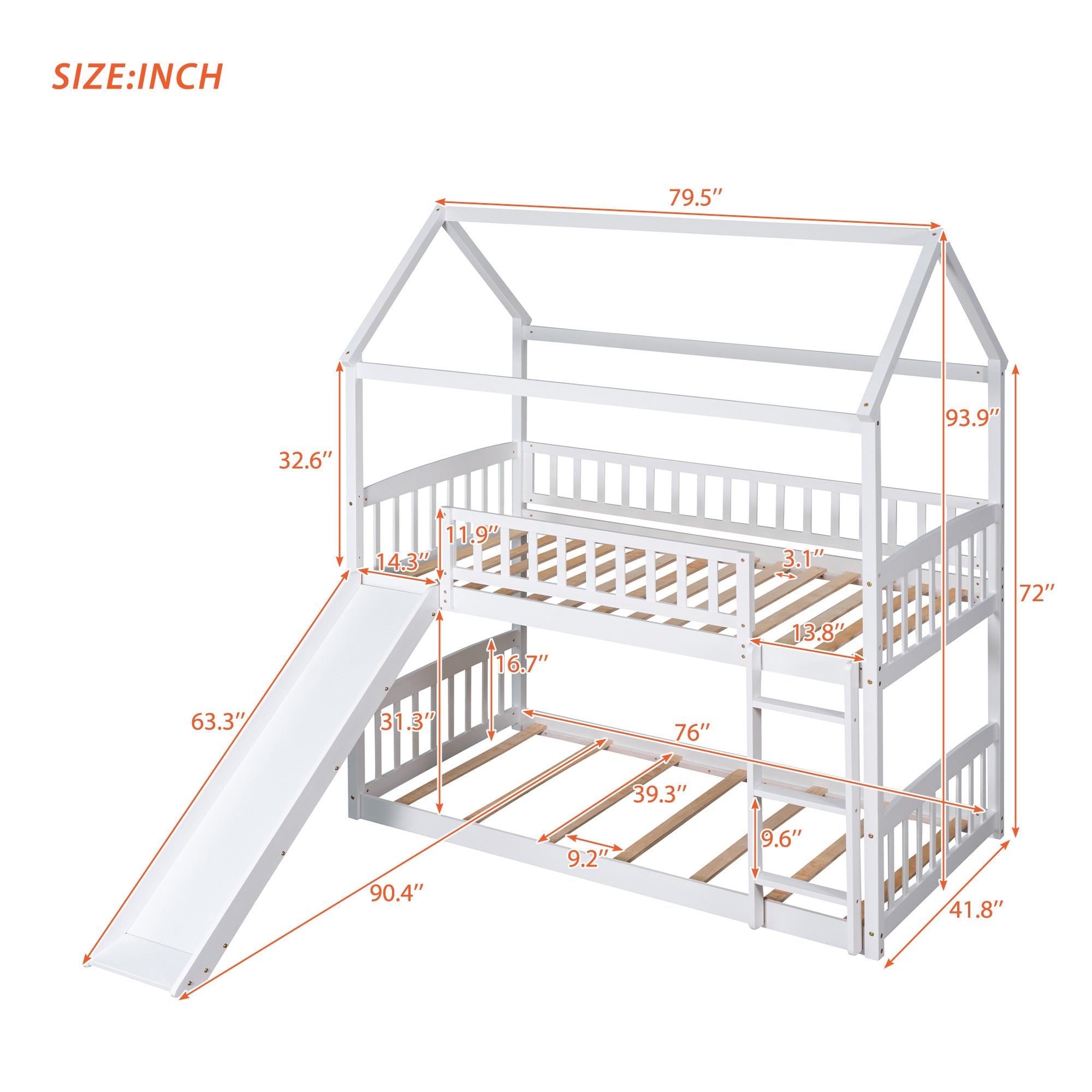 Bellemave Bunk Bed with Slide, Wood Twin Over Twin House Bed Frame with Ladder for Kids Teens(White)