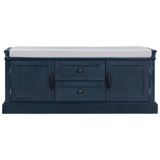 ANBAZAR Navy Blue Wood Entryway Storage Cushioned Shoe Bench Organizer 42.5L x 15.9W x 17.5H with 2 Drawers and 2 Cabinets 01556ANNA-M