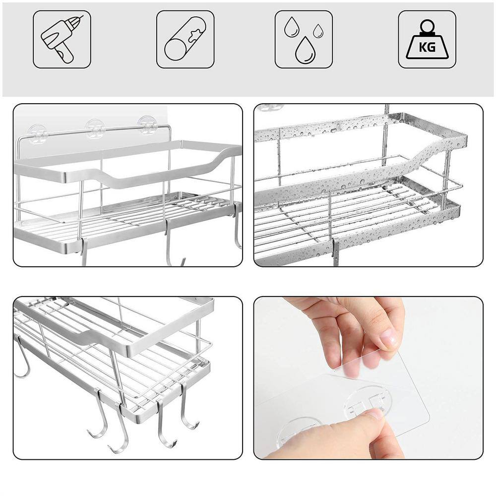 Cubilan Wall Mount Shower Caddy Bathroom Shelf with 8 Hooks in Silver(2-Pack) HD-NLB