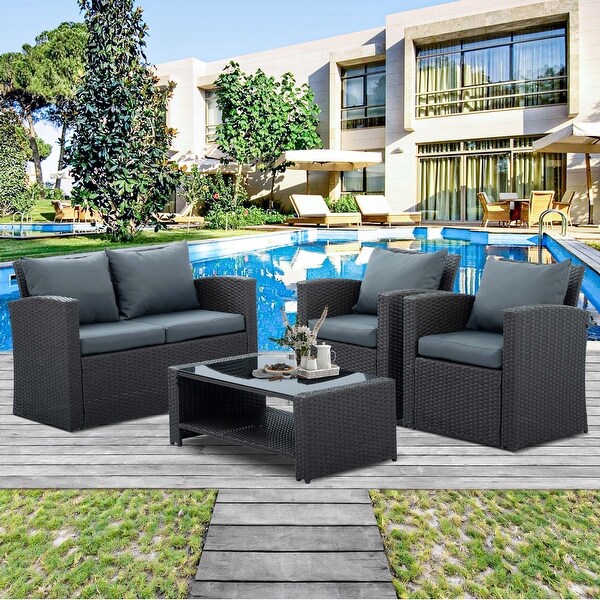 4Piece PE Wicker Patio Conversation Set with Cushions