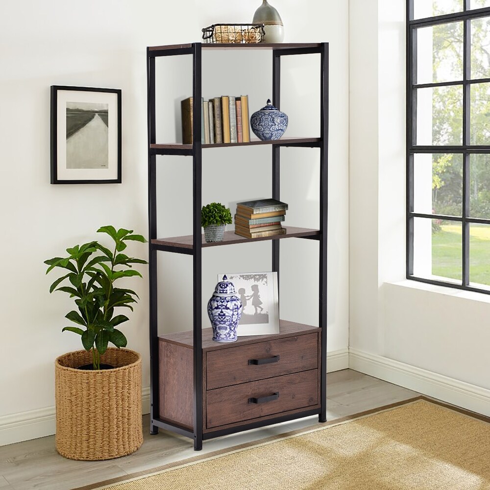 Home Office 4 Tier Bookshelf  Simple Industrial Bookcase Standing Shelf Unit Storage Organizer with 4 Open Storage Shelves