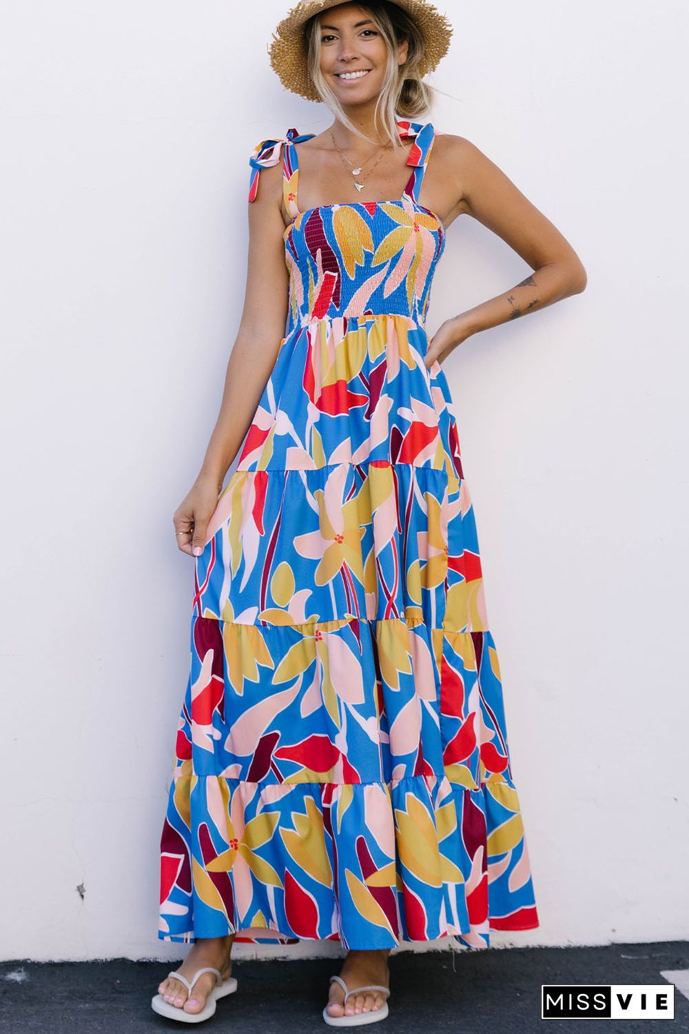 Blue Boho Print Tie Straps Smocked Maxi Dress