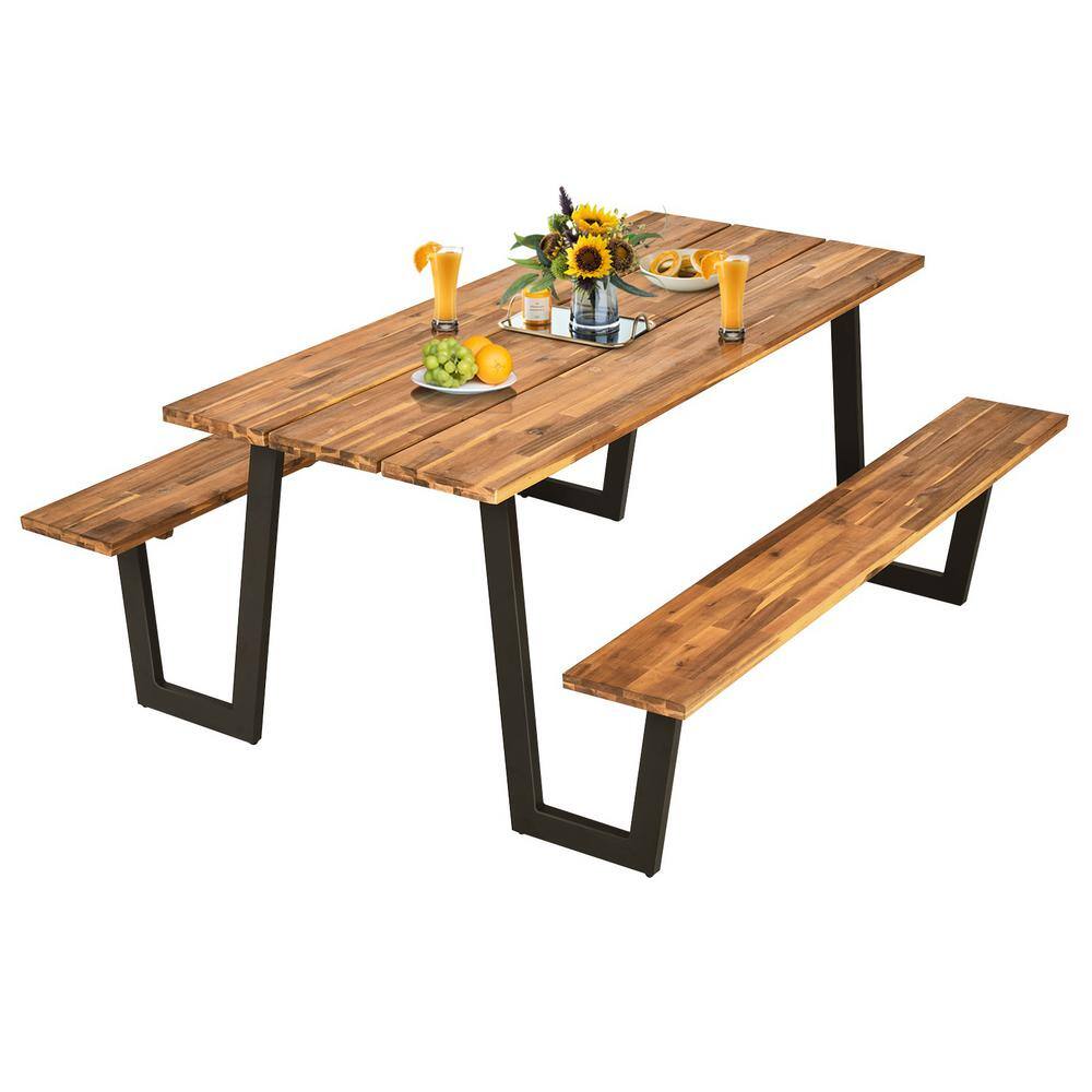 Costway Natural Wood Outdoor Picnic Table Bench Set Outdoor Dining Table Set with 2 in. Umbrella Hole and Metal Frame GHMF0002