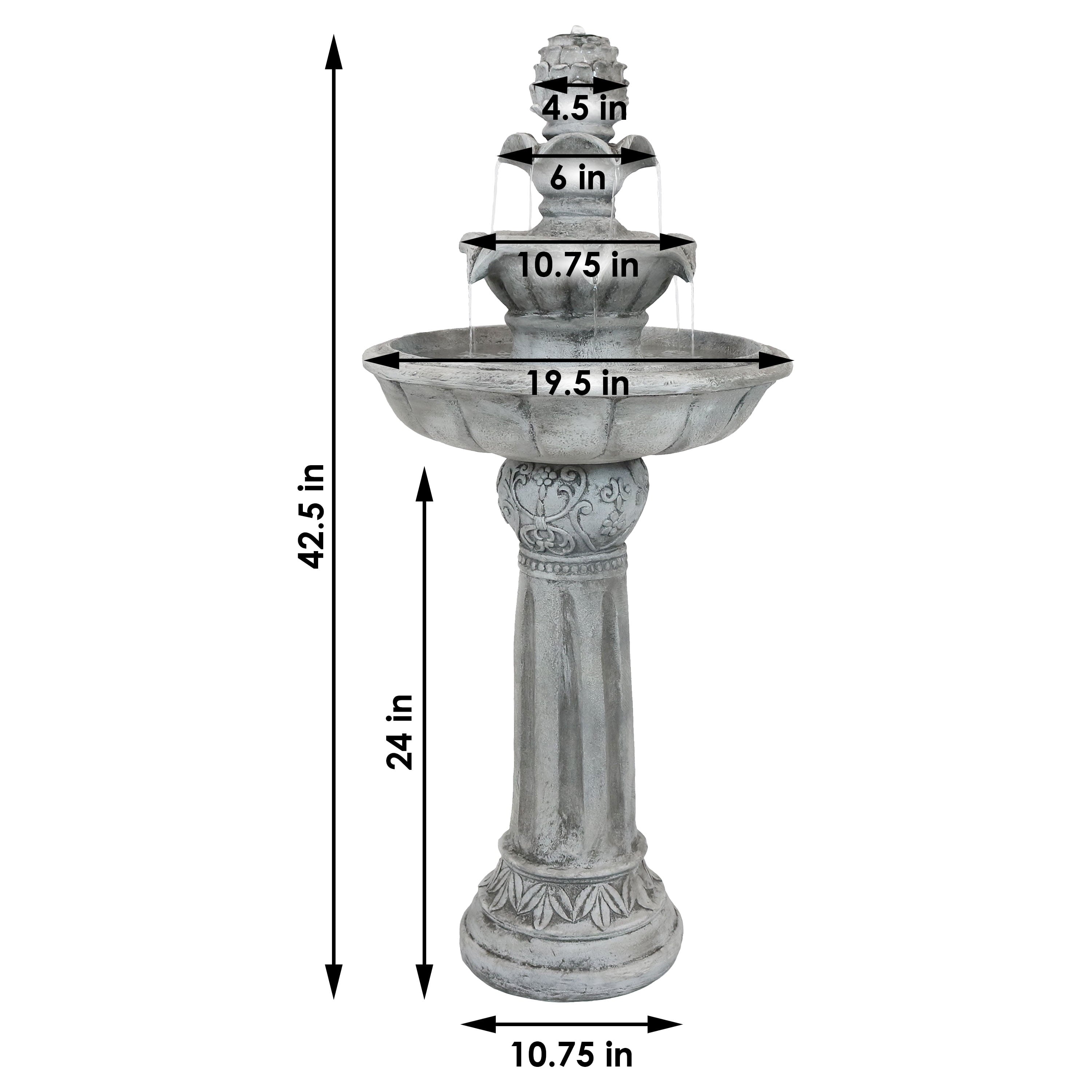 Sunnydaze Outdoor Solar Powered Ornate Elegance Tiered Water Fountain with Battery Backup and LED Light - 41