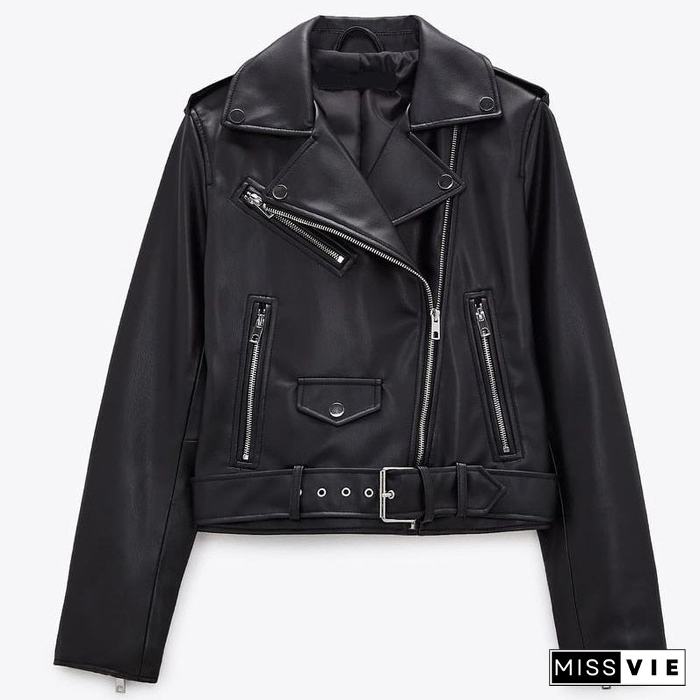 Spring Autumn Women Fashion Blue Black Faux Leather Jacket Solid Zipper With Belt Biker Coat Female Casual Outwear Ladies