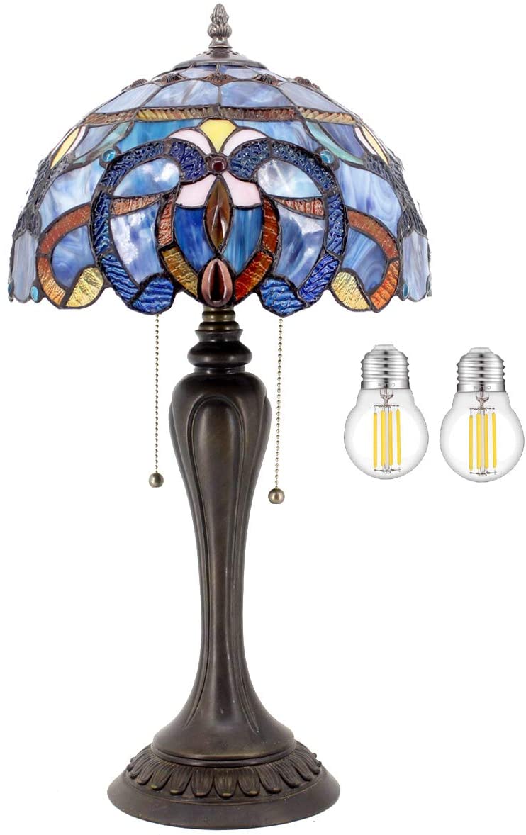 GEROBOOM Tiffany Style Table Lamp Blue Purple Cloud Stained Glass Bedside Desk Reading Light 12X12X22 Inches Decor Bedroom Living Room  Office S558 Series