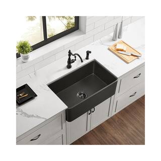 Modern Black Fireclay 33 in. Single Bowl Farmhouse Apron Workstation Kitchen Sink with Bottom Grid and Drain AB143264112