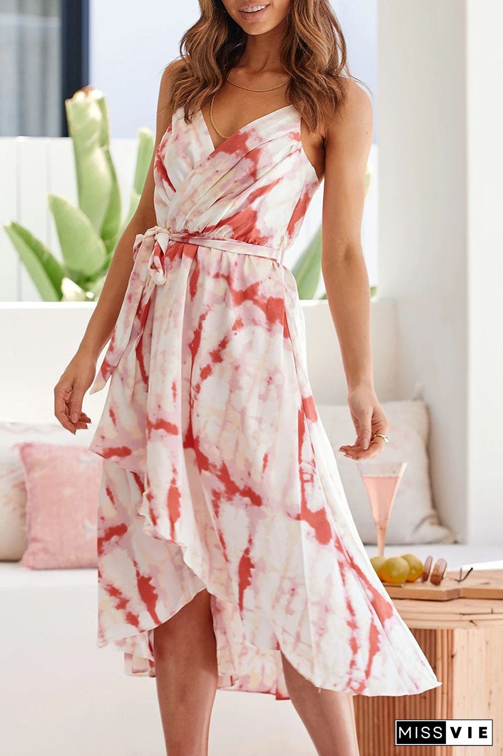 Fashion Sweet Print Frenulum V Neck Irregular Dresses