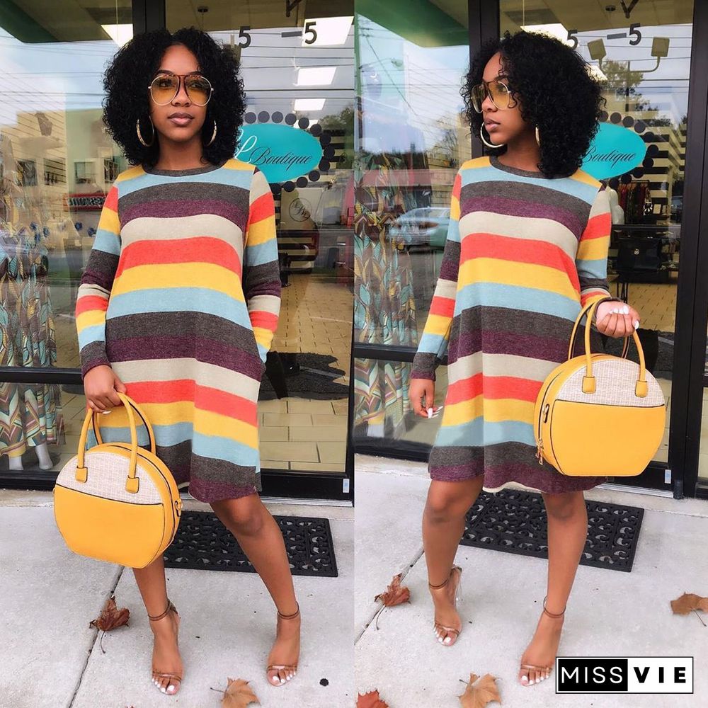 Rainbow Stripe Round Neck Long Sleeved Pocket T-shirt Dress