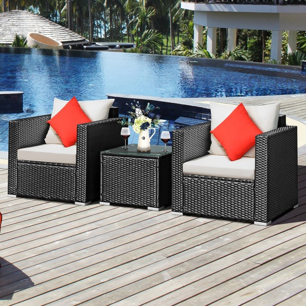 Costway 3pcs Patio Wicker Furniture Set Conversation Rattan Sofa Set W cushion Garden