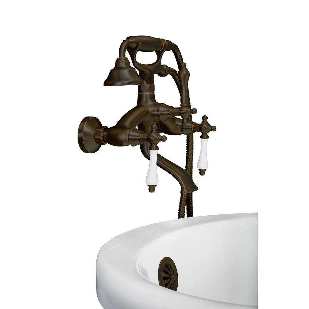 PELHAM  WHITE Vintage Style 3-Handle Wall Mount Claw Foot Tub Faucet with Porcelain Levers and Handshower in Oil Rubbed Bronze PW82555-P-ORB