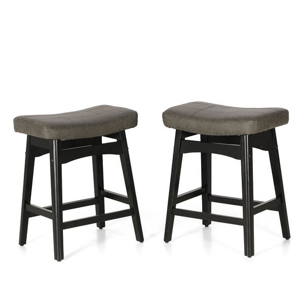 24 Inch Solid Wood Barstools with Linen / PU Leather Fabric Cushion， Set of 2