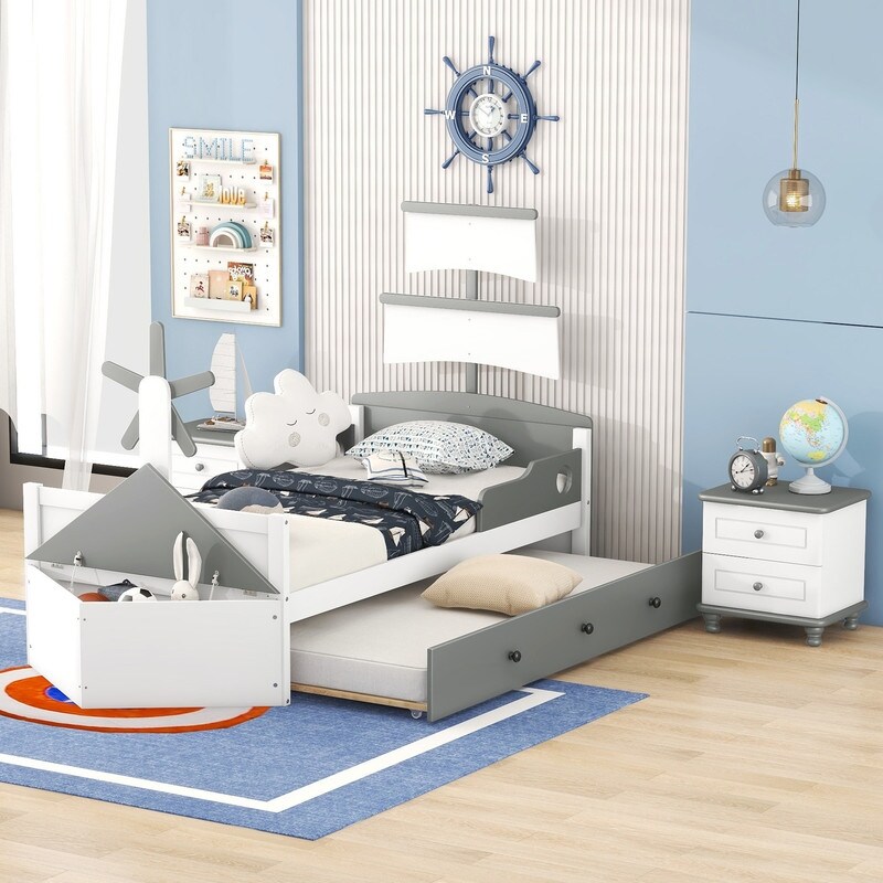 3Pcs Boat Shaped Platform Bed with Trundle and 2 Nightstands