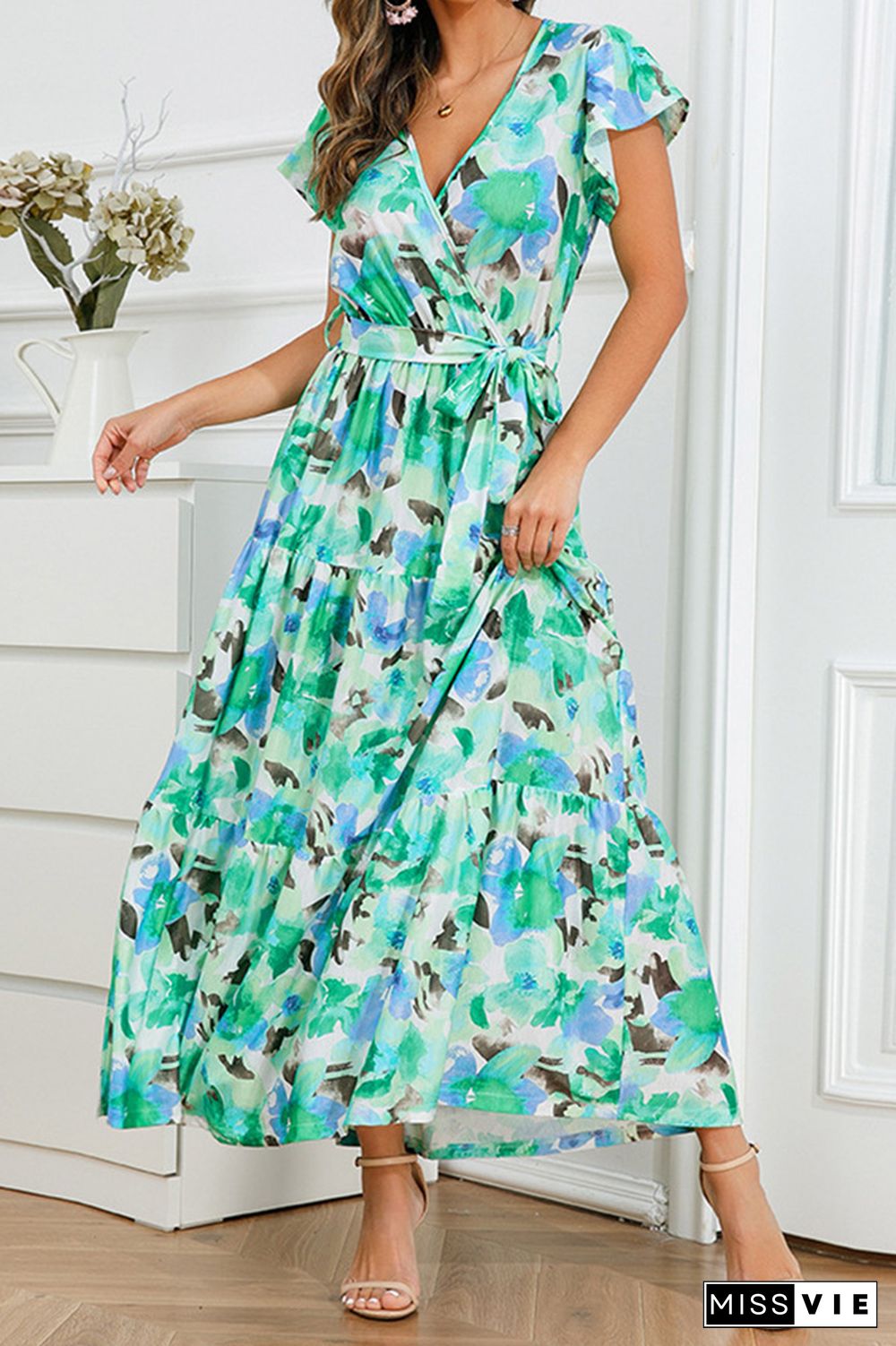 V Neck Flare Sleeves Floral Maxi Dress With Sash