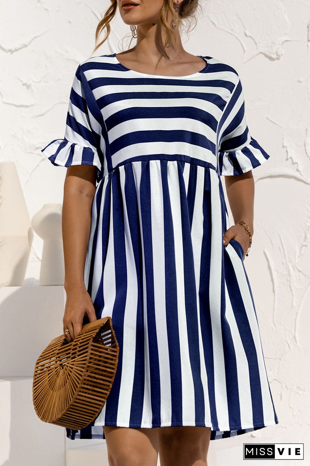 Fashion Casual Striped Split Joint O Neck A Line Dresses