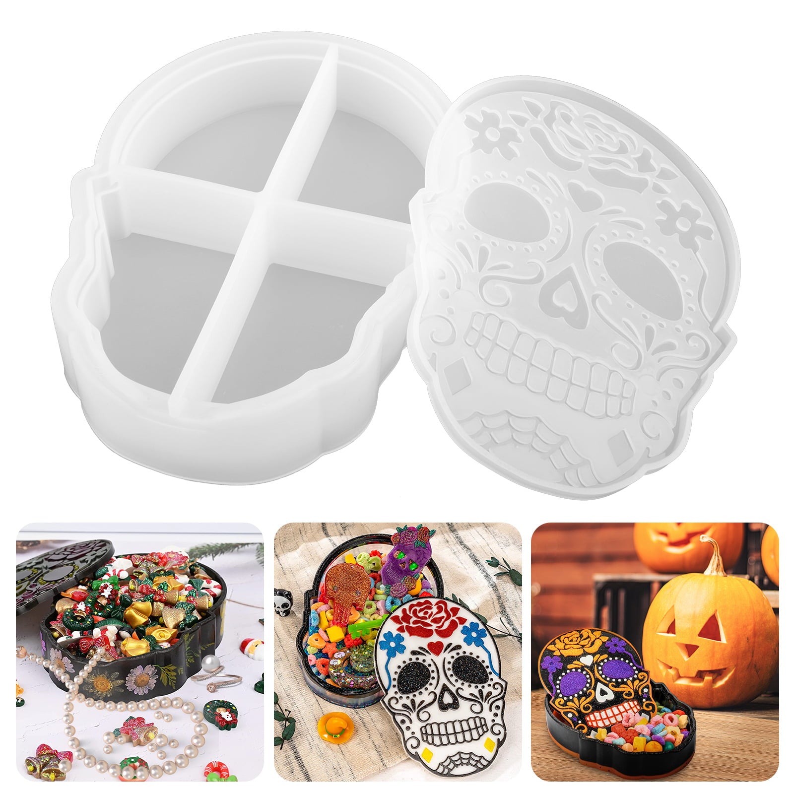 Halloween Skull Jewelry Box Resin Mold, EEEkit Large Skull Storage Box Silicone Mold with Lid, Trinket Box Epoxy Casting Mold for DIY Jewelry Container Candy Storage Gift Box, Halloween Decoration