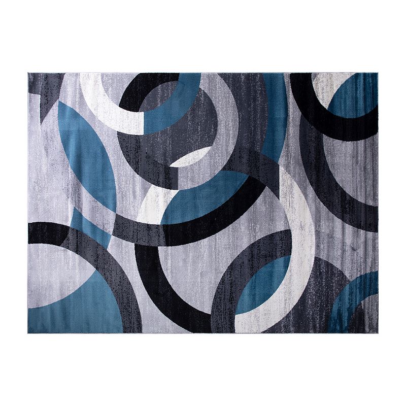 Masada Rugs Masada Rugs， Thatcher Collection Accent Rug with Interlocking Circle Pattern in Blue and Grey with Olefin Facing and Natural Jute Backing - 5'x7'