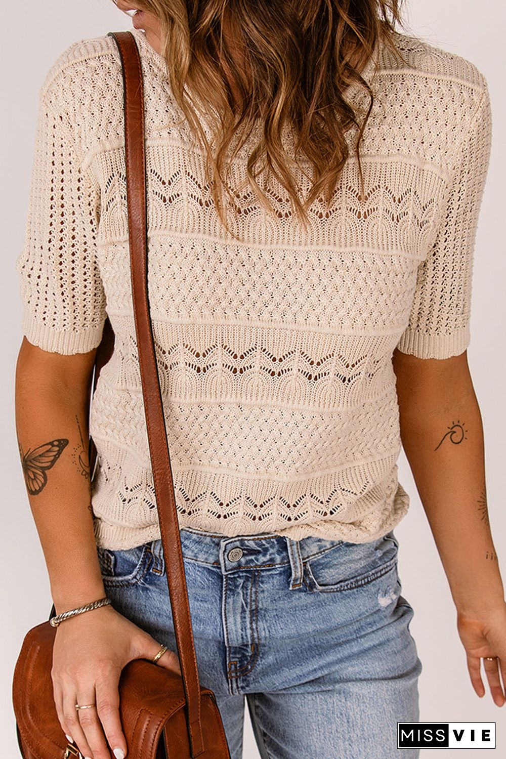 Apricot Crochet Hollow-out Short Sleeve T-shirt