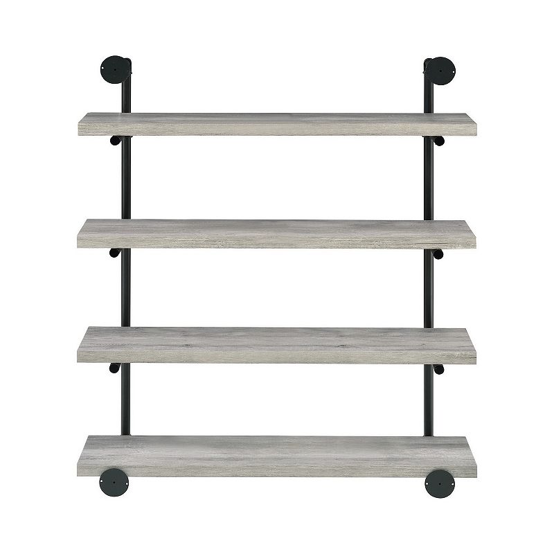 46 Inch 4 Tier Metal and Wooden Wall Shelf， Black and Gray