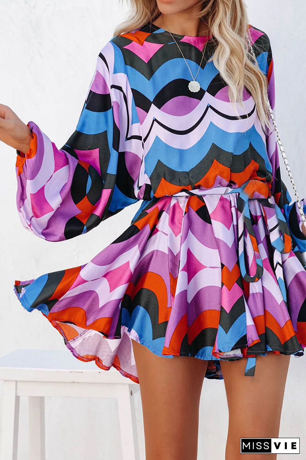 Multicolor Geometric Print Lantern Sleeves Mini Dress