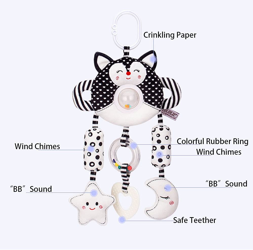 Baby Stroller Hanging Toy， Baby Toys 0-12 Months， Infant Toys Soft Plush Car Seat Toys with Teether Sound Wind Chimes(Fox)