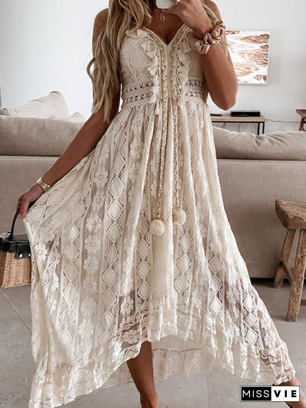 Women's Sleeveless V-neck Lace Maxi Dress