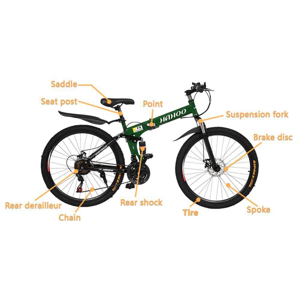 Afoxsos BlackGreen 26 inch 21 Speed Folding Mountain Bike with Carbon Steel Frame Double Disc Brake and Dual Suspension HDDB1837