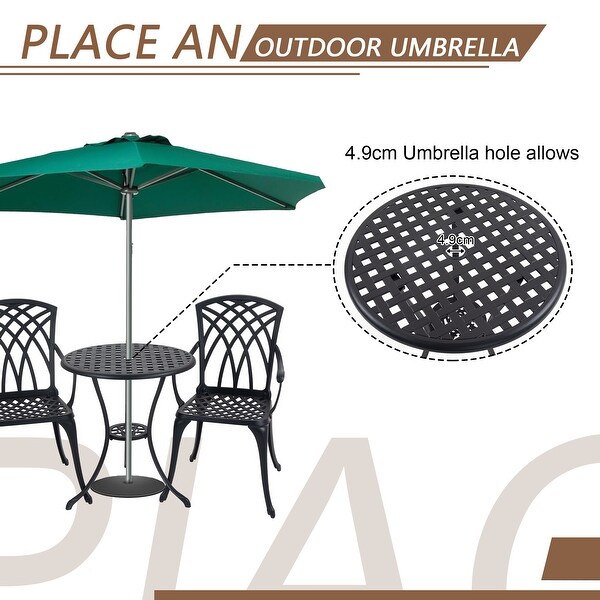 3 Piece Cast Aluminum Outdoor Patio Furniture Bistro Table Set with Umbrella Hole for Patio Balcony