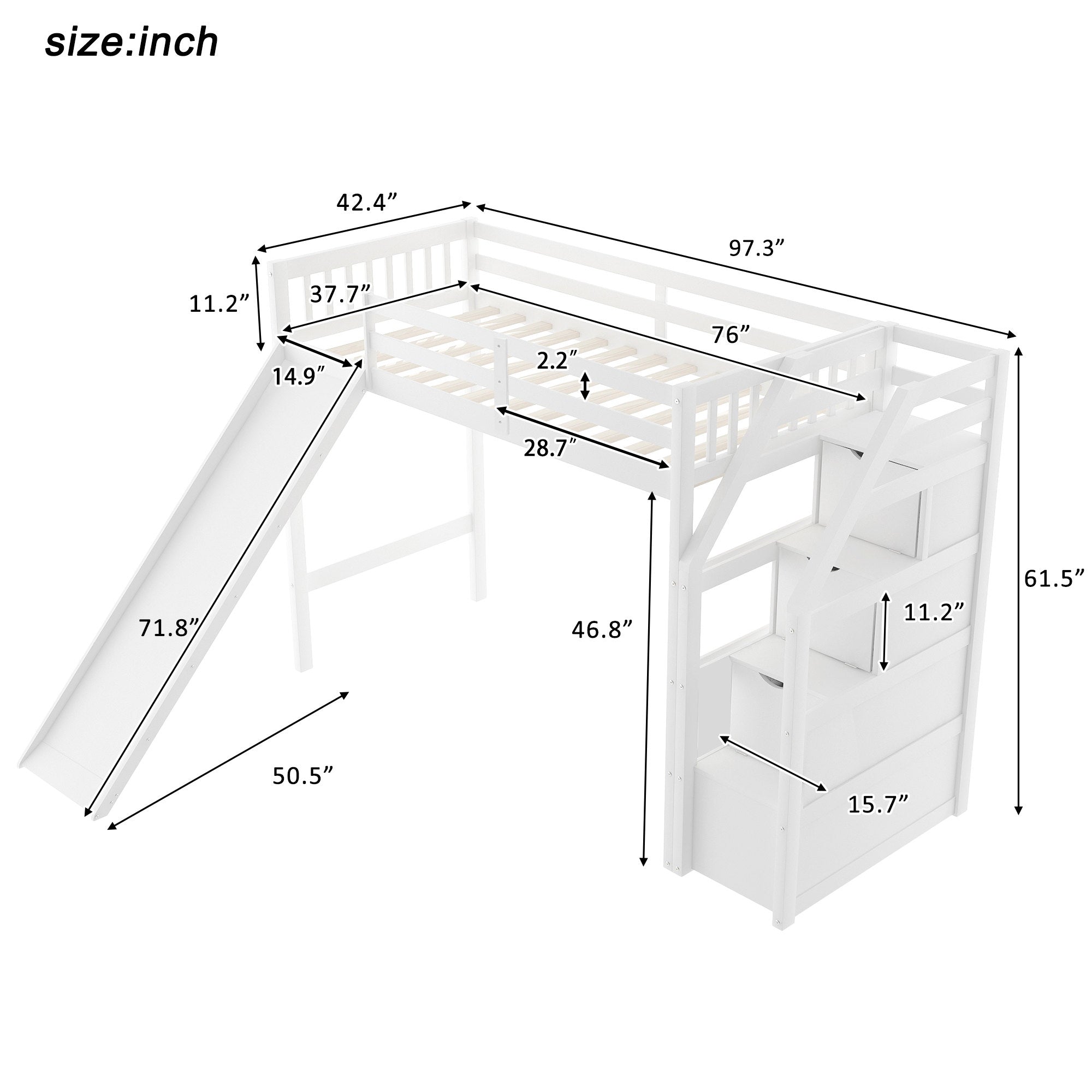 Euroco Wood Twin Size Loft Bed with Slide and Drawers for Child, White