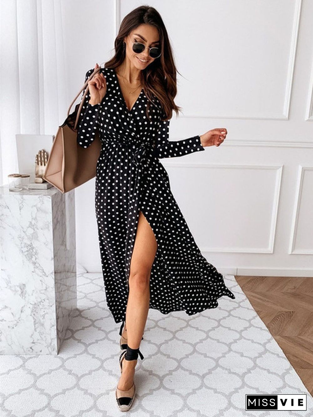 Women Fashion V Neck Long Sleeves Lace Up Split Polka Dot Print Long Dress Holiday Beach Boho Dress Maxi Dresses