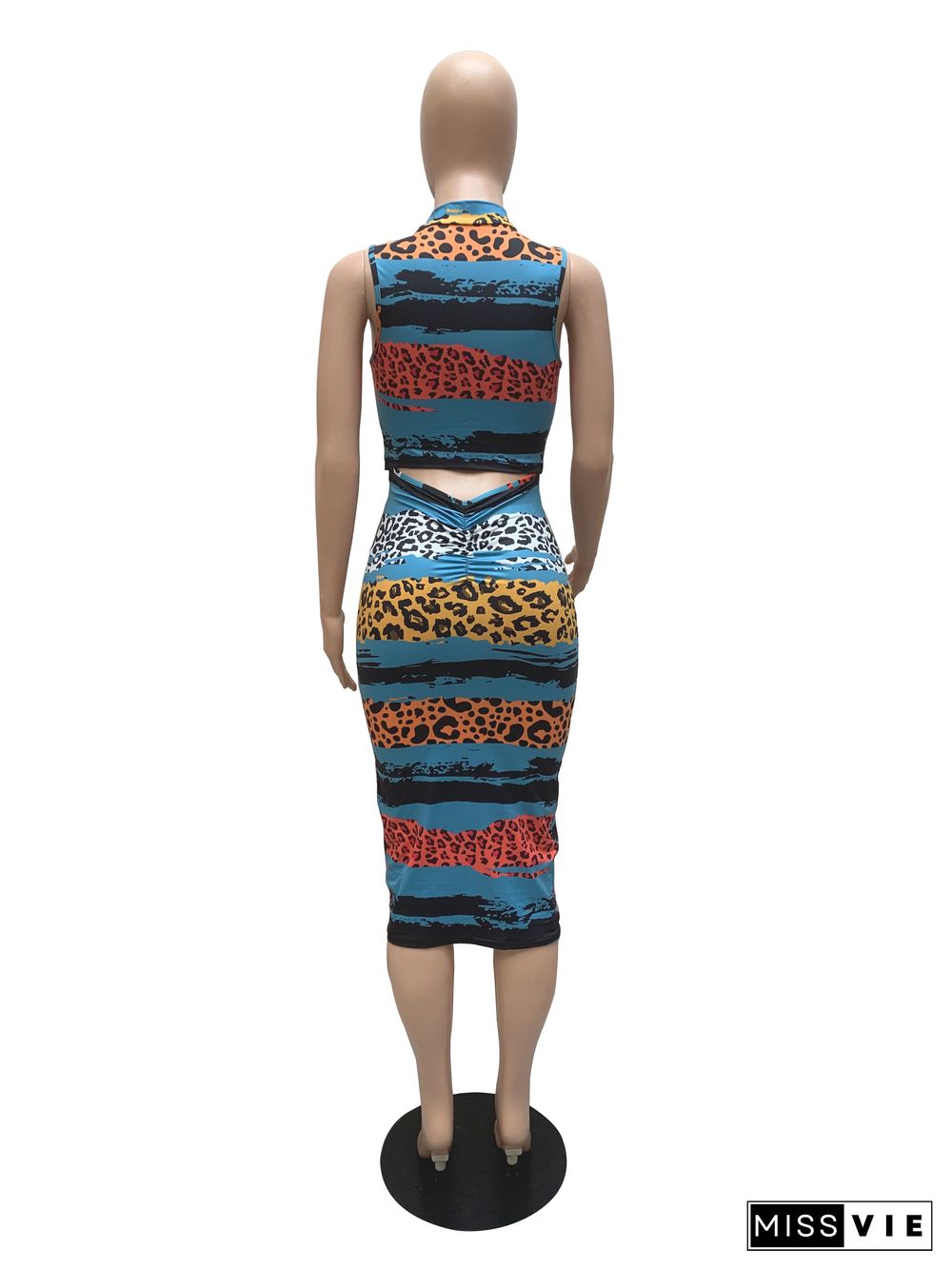 Sleeveless Leopard Print O-Neck Bodycon Pencil Dress