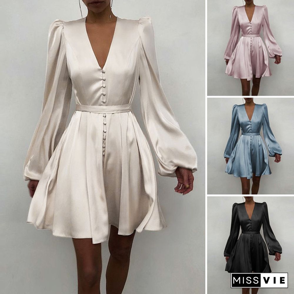 Women Solid Color Stain V Neck Puff Long Sleeve Cocktail Dress Casual Fashion Party Belted Midi Dress Plus Size Kleid