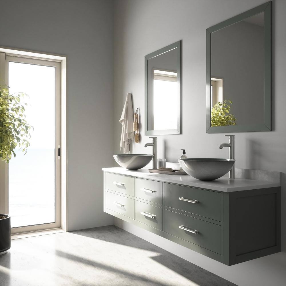 VIGO Glass Round Vessel Bathroom Sink in Silver with Seville Faucet and Pop-Up Drain in Brushed Nickel VGT838