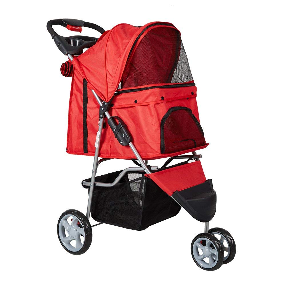 Karmas Product Folding Dog Stroller Cage Portable Travel Carrier with 3 Wheels ， red