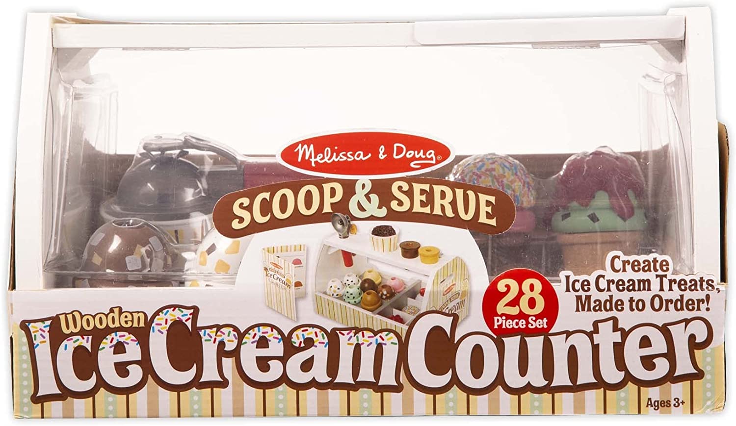 Melissa and Doug Wooden Scoop and Serve Ice Cream Counter (28 pcs) - Play Food and Accessories - Pretend Food， Ice Cream Toys， Ice Cream Shop Toys For Kids Ages 3+