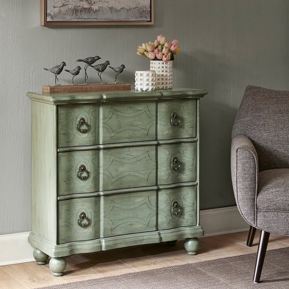 Scroll Wooden Chest with 3 Drawers in Green