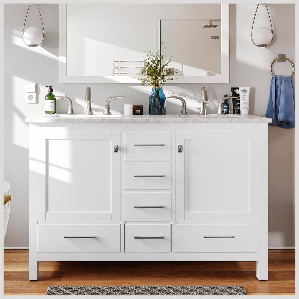 Eviva Aberdeen 48 in. W x 22 in. D x 34 in. H Double Bath Vanity in White with White Carrara Marble Top with White Sinks EVVN412-48WH-DS