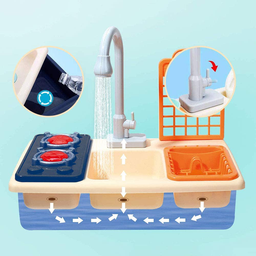 Kitchen Sink Toys Water Playset Cooking Stove Play with Running Water House Wash Up Kitchen Sets with Play Dishes Accessories for Toddlers