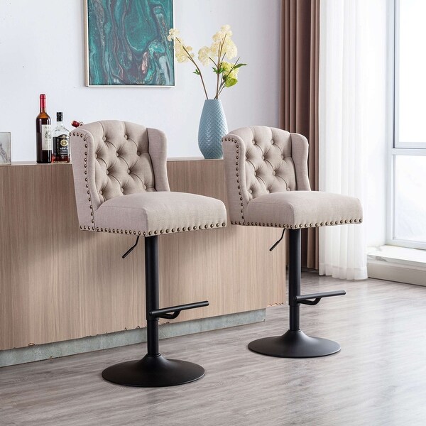 Swivel Bar Stools Chair Set of 2 Modern Adjustable Counter Height Bar Stools， Linen Upholstered Stool with Tufted Wing Back